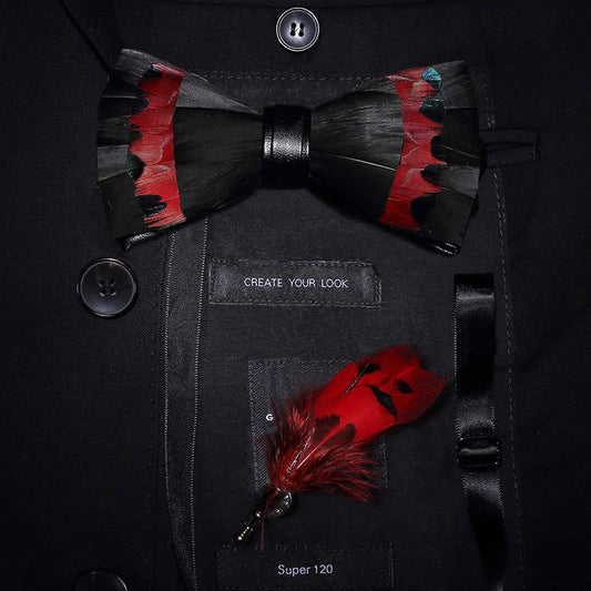 Black & Red Swan Feather Bow Tie with Lapel Pin